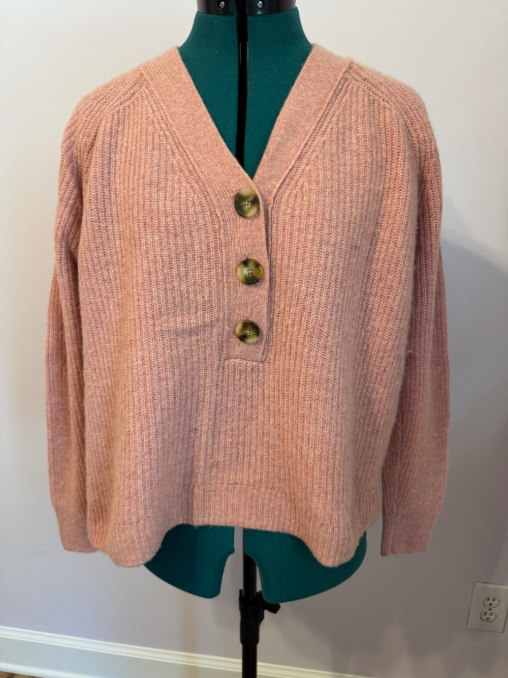 Madewell Lyle Henley Ribbed Pink Wool Blend Pullover Sweater Medium